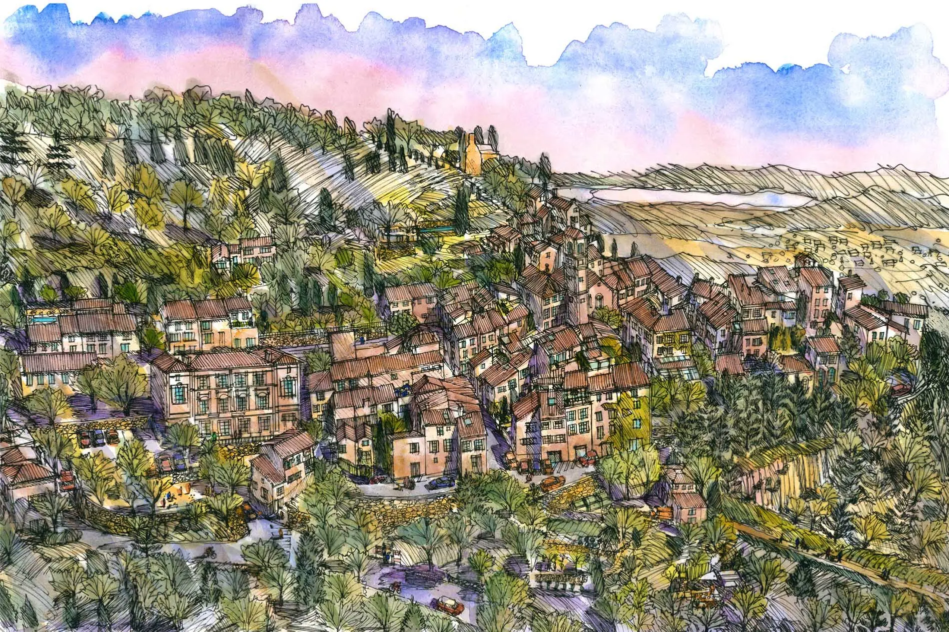 : Aerial illustration of the Village of Ventabren in provence France where William Block lives.