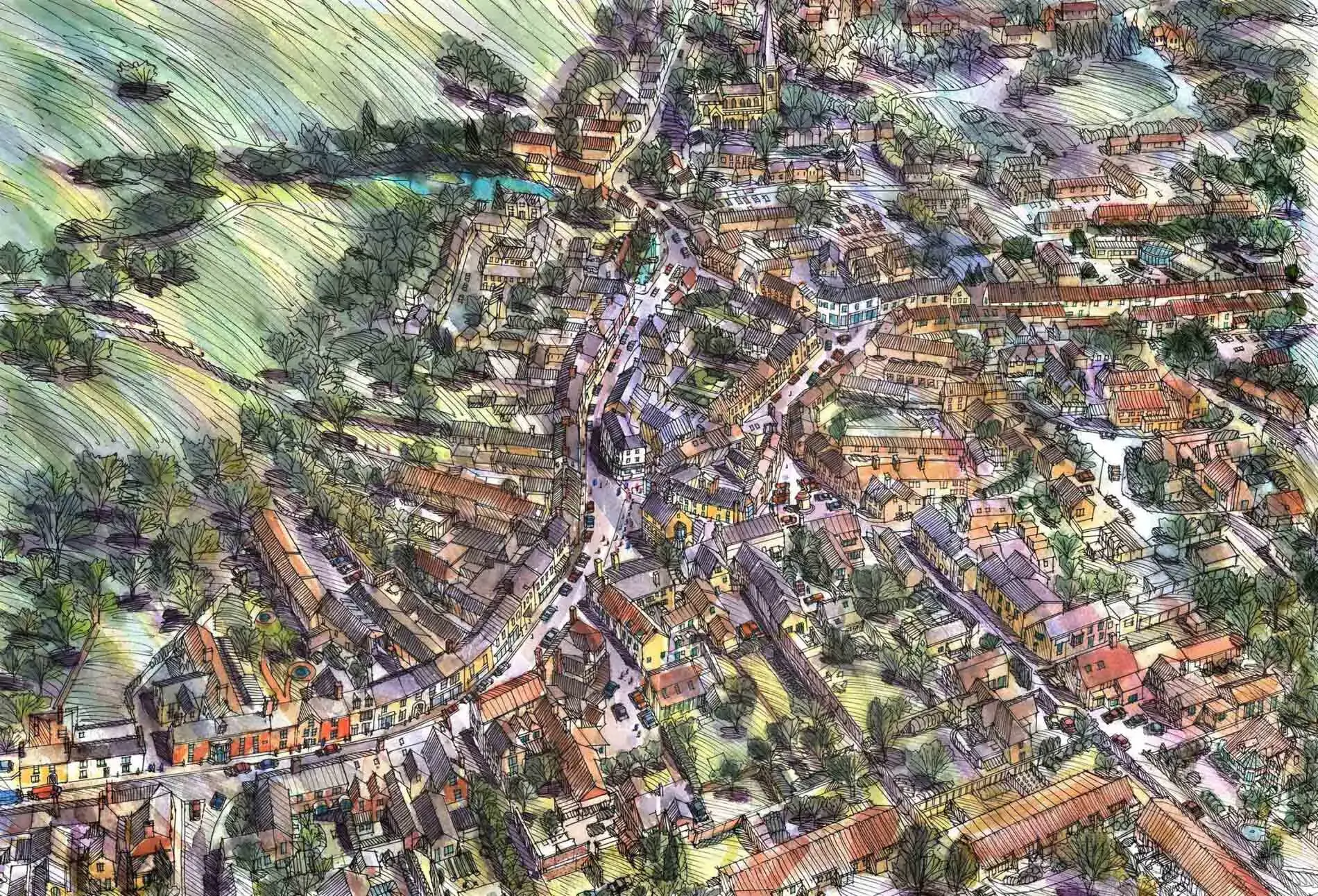 Aerial illustration of Castle Cary, Somerset, UK