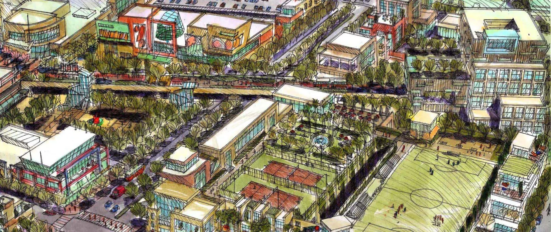 Concept design aerial view for Cerritos, California transit oriented district.