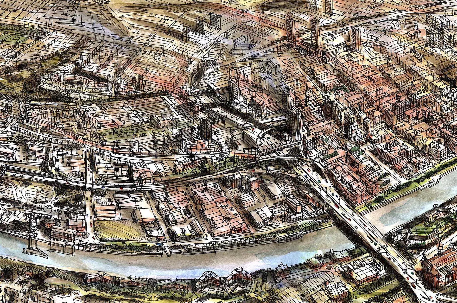 Illustration of Glasgow today for an animation showing how Glasgow evolved.