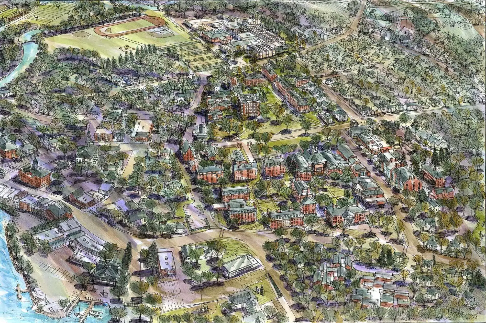 The brick school is  An aerial view of the Phillips Exeter Academy, Exeter New Hampshire