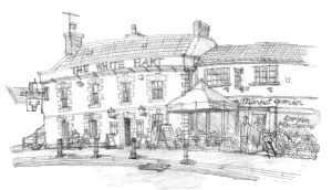 Pencil illustration of The White Hart Pub, Castle Cary, Somerset, UK.