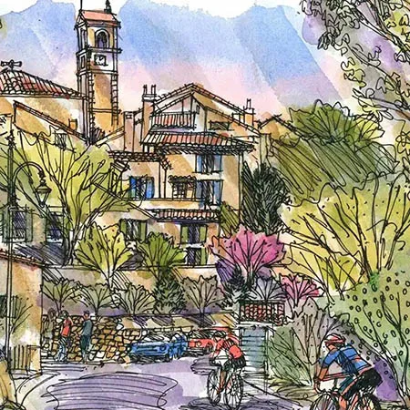 Looking at the main entry of the village with bike riders passing by.