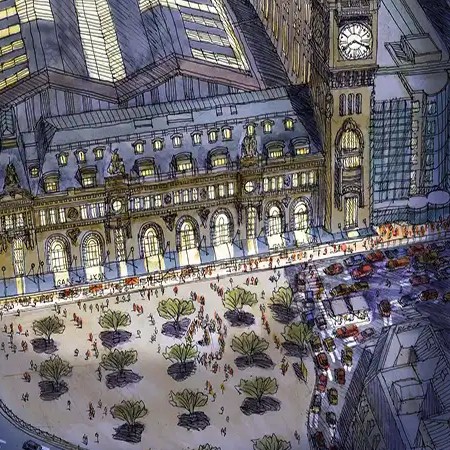 An aerial view of one of the most important stations in Paris and the third busiest station in France, the Gare de Lyon is the station for trains heading southeast out of the city, including trains to Dijon, Lyon, Avignon, Marseille, Nice, the French Alps, Switzerland, Italy &amp; Barcelona.  There has been a station here since 1847, although the current station building dates from 1900. 