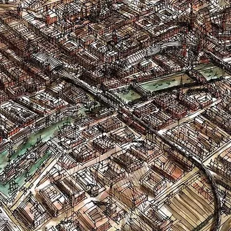 An aerial view showing the old station, steam engine trains and brick buildings from the animated history of Glasgow.