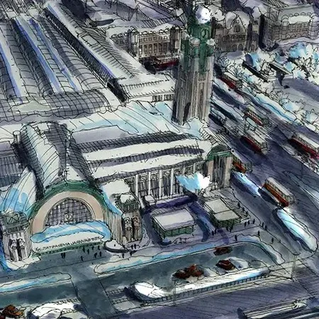 An aerial view of  King&#039;s Cross and St. Pancras stations, two separate, but adjacent, railway stations in London, with a shared underground station, &quot;King&#039;s Cross St Pancras,&quot; serving multiple London Underground lines.