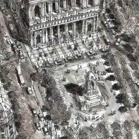 An old cathedral, town square and fountain in the 6th arrondissement of Paris.