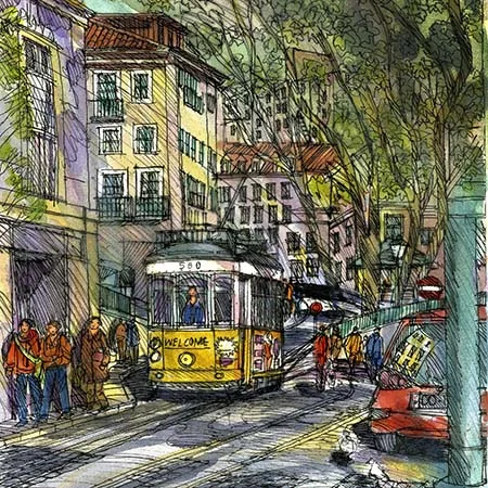 A vibrant street with cable cars in a hilly district of Lisbon.