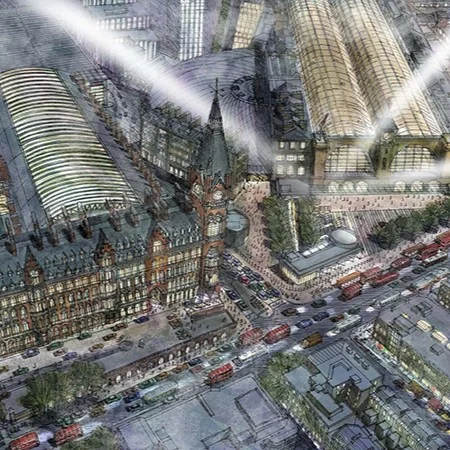 An aerial view of  King&#039;s Cross and St. Pancras stations, two separate, but adjacent, railway stations in London, with a shared underground station, &quot;King&#039;s Cross St Pancras,&quot; serving multiple London Underground lines.