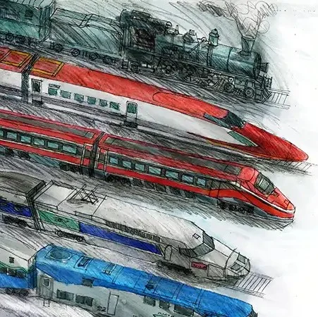 Drawings on different special trains through time.