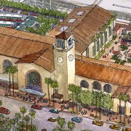 Aerial view of Union Station, Los Angeles, conceived on a grand scale, Los Angeles Union Station is the largest railroad passenger terminal in the Western United States.