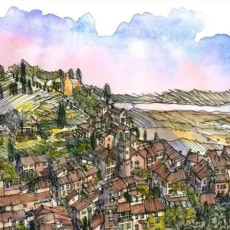 Aerial illustration of the Village of Ventabren in provence France where William Block has lived.