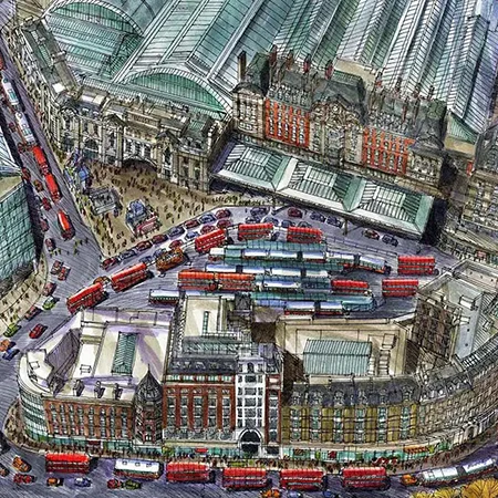 Aerial view of Victoria Station located  in central London. Historic London Victoria .